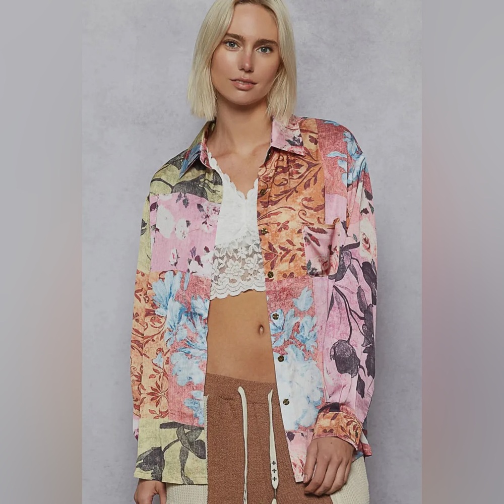 POL The Rose Patchwork Top Button Down Shirt Large - image 1
